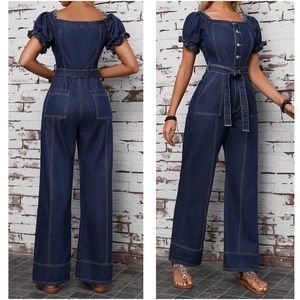 Blue Dolman Button Belted V Neck Wide Leg Pocketed Jumpsuit main image 0